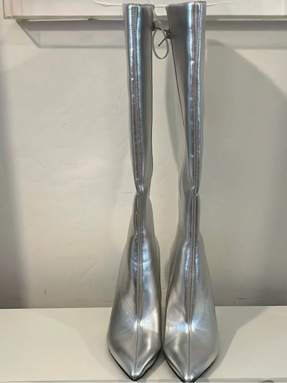 Open Edit Silver Pointed-Toe Knee-High Boots - Women's Fashion